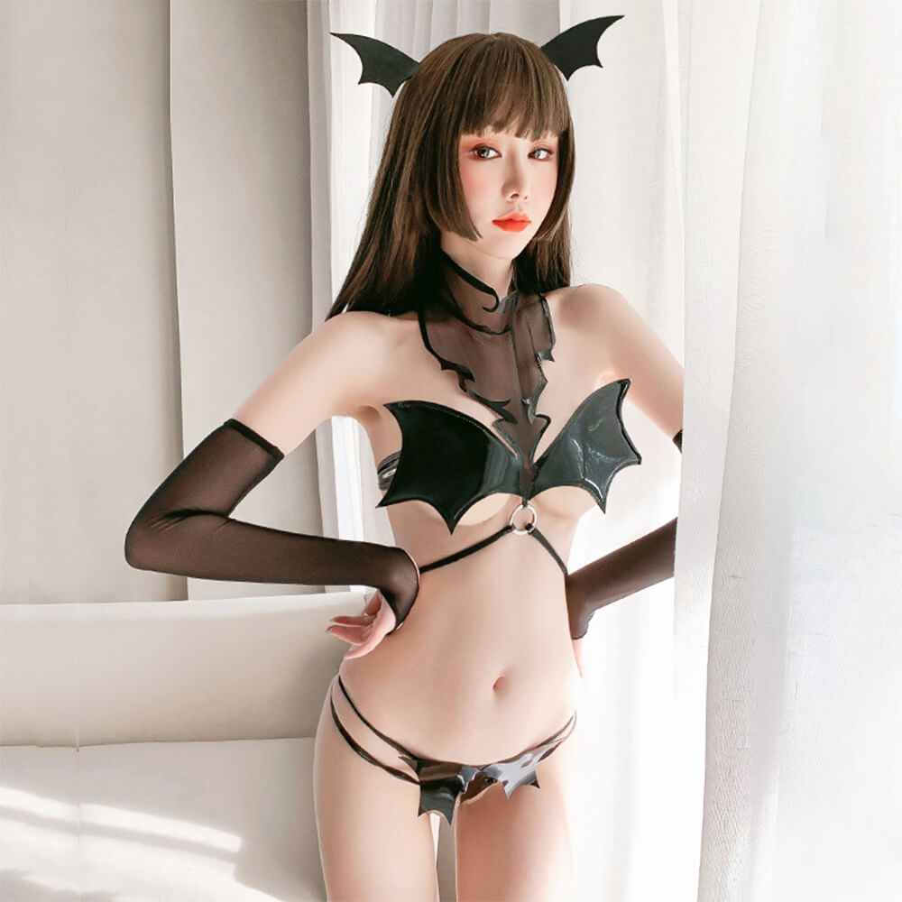 Succubus Devil Bat Lingerie Sexy Demon Leather Micro Bikini Bra and Panty Set