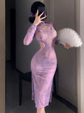 Purple Floral Lace Slit Cheongsam