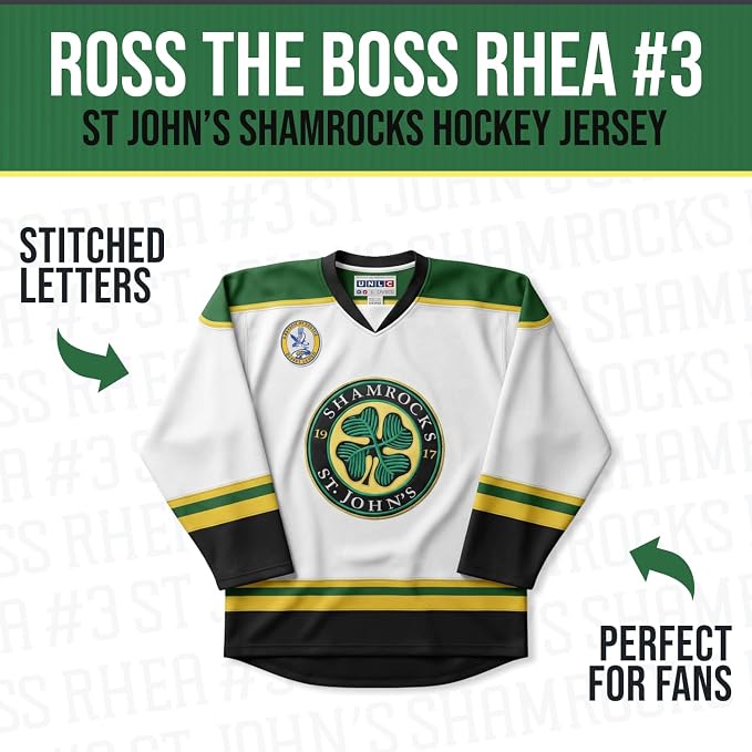 Ross The Boss Rhea #3 St John’s Shamrocks Hockey Jersey – Goon-Inspired Throwback, Stitched Letters, Sizes S–5XL