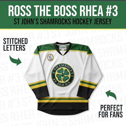 Ross The Boss Rhea #3 St John’s Shamrocks Hockey Jersey – Goon-Inspired Throwback, Stitched Letters, Sizes S–5XL