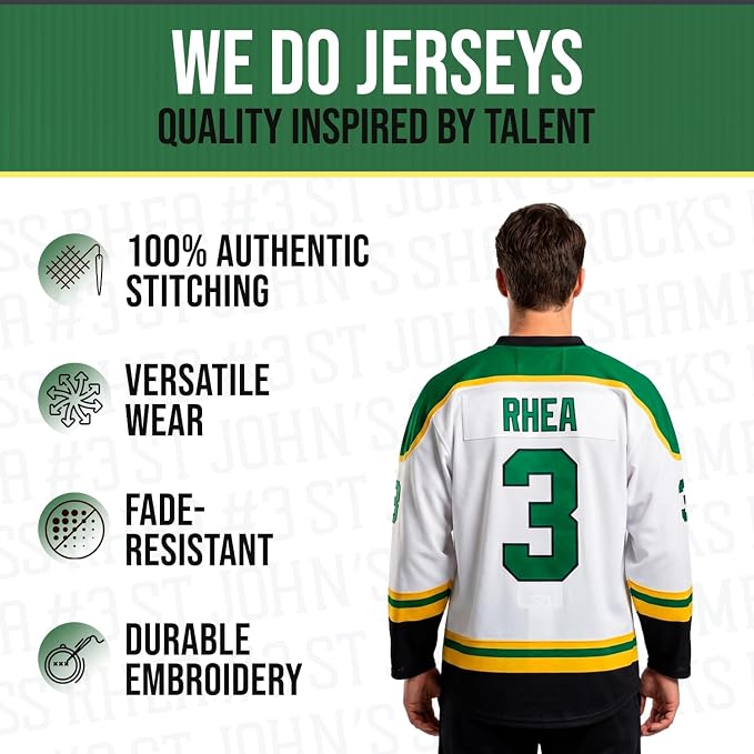 Ross The Boss Rhea #3 St John’s Shamrocks Hockey Jersey – Goon-Inspired Throwback, Stitched Letters, Sizes S–5XL
