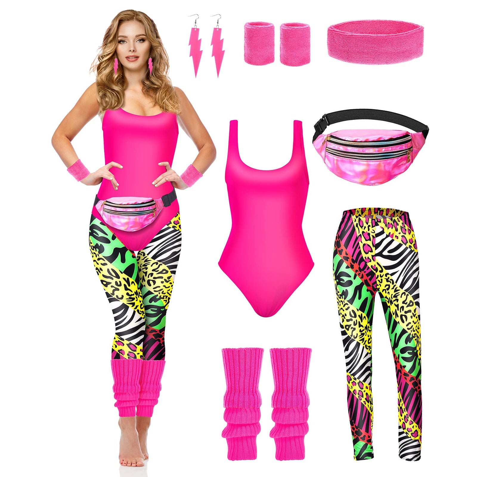 Women's 80s Workout Costume 7 Pcs 80s 90s Leotard Legging Headband Wristbands Leg Warmers Earrings Fanny Pack 80s Retro Party Outfits