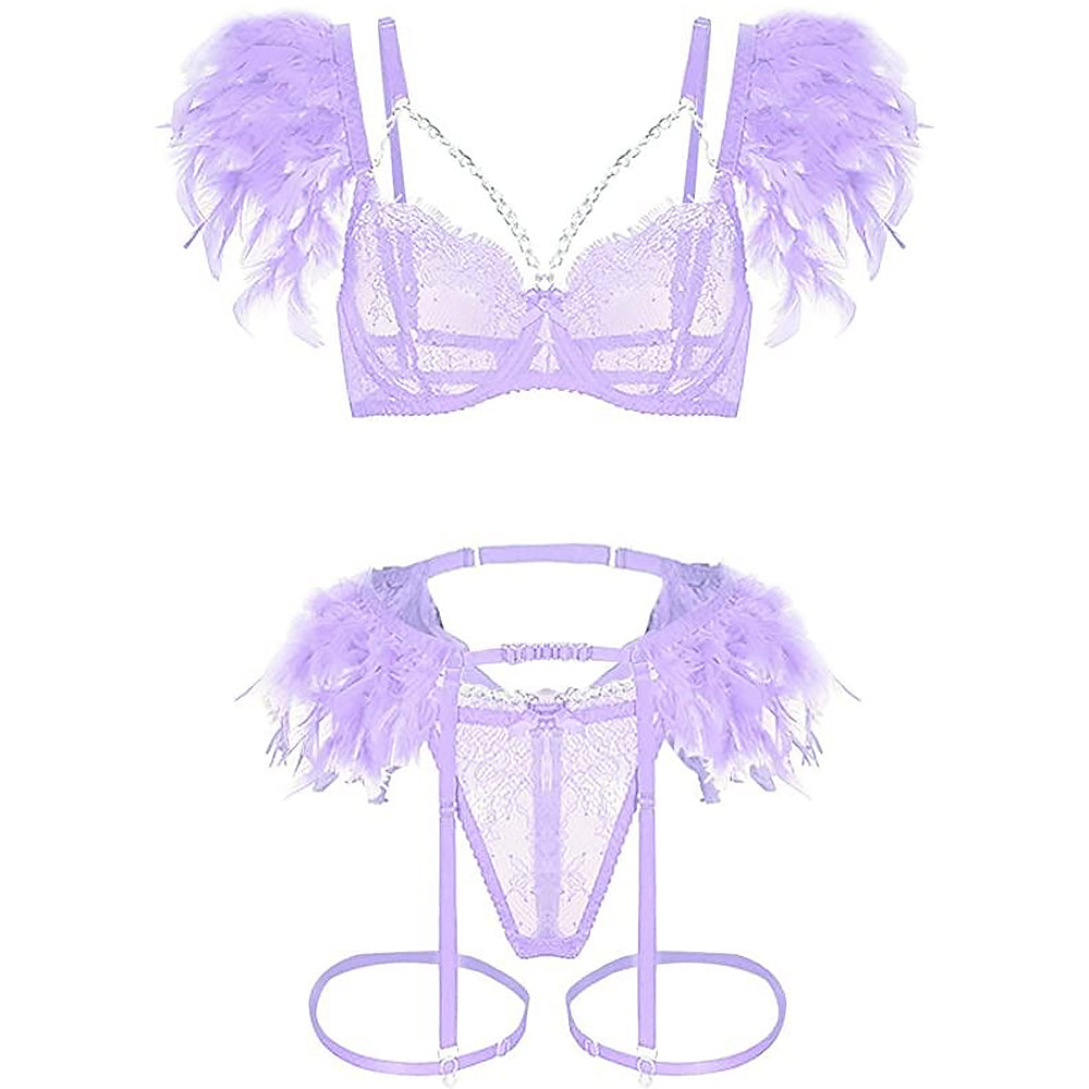 Sexy Strappy Eyelash Lace Lingerie Set Metal Chain Feather Garter Belt Set