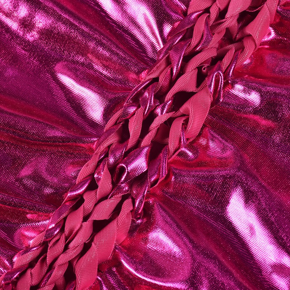 Yomorio Metallic Skirt Set Pink Two Piece Set Sexy Party Clubwear Drawstring Rave Outfits - jonesjonas