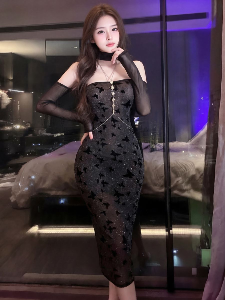 Butterfly Print Sheer Mesh Bodycon Dress