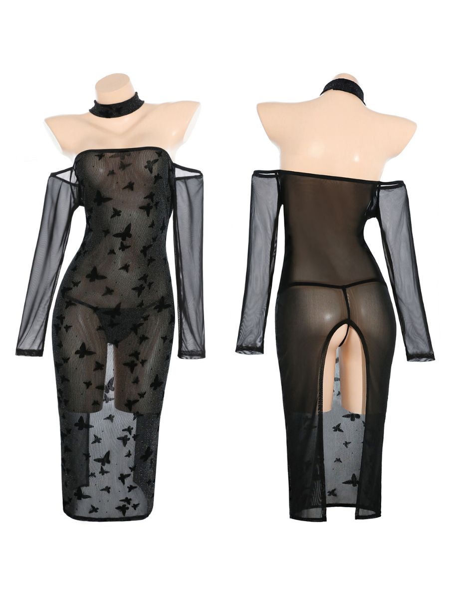 Butterfly Print Sheer Mesh Bodycon Dress