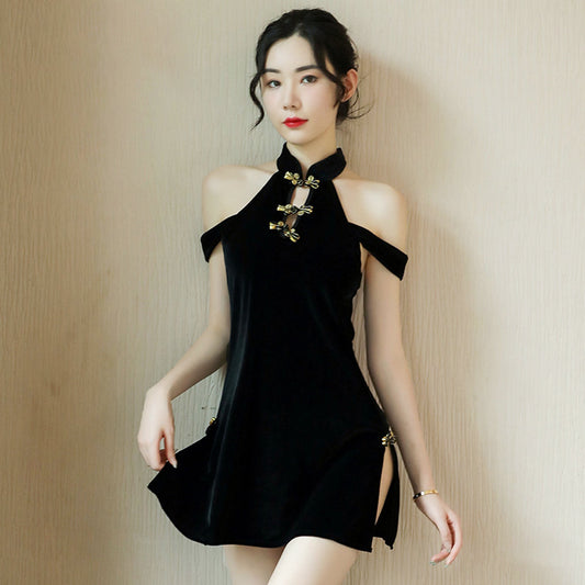 Yomorio Sexy Chinese Mini Dress Black Cold Shoulder Side Slit Dress