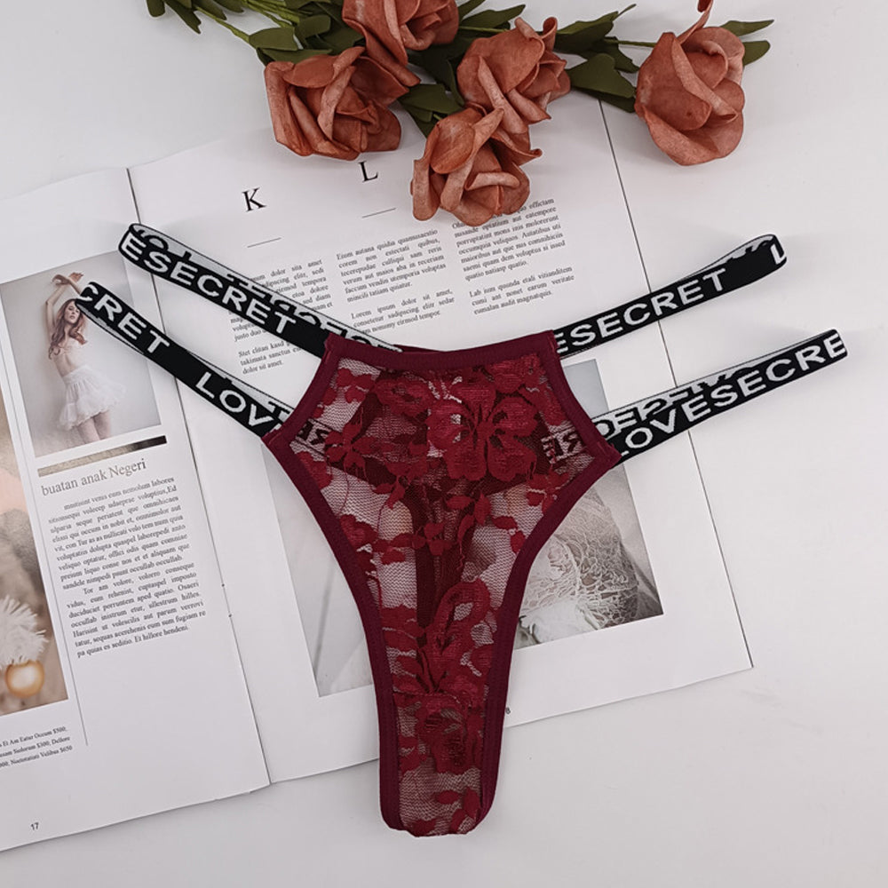 Double Straps Lace Panty Sheer Mesh "LOVE SECRET" Print Hipster Women Briefs