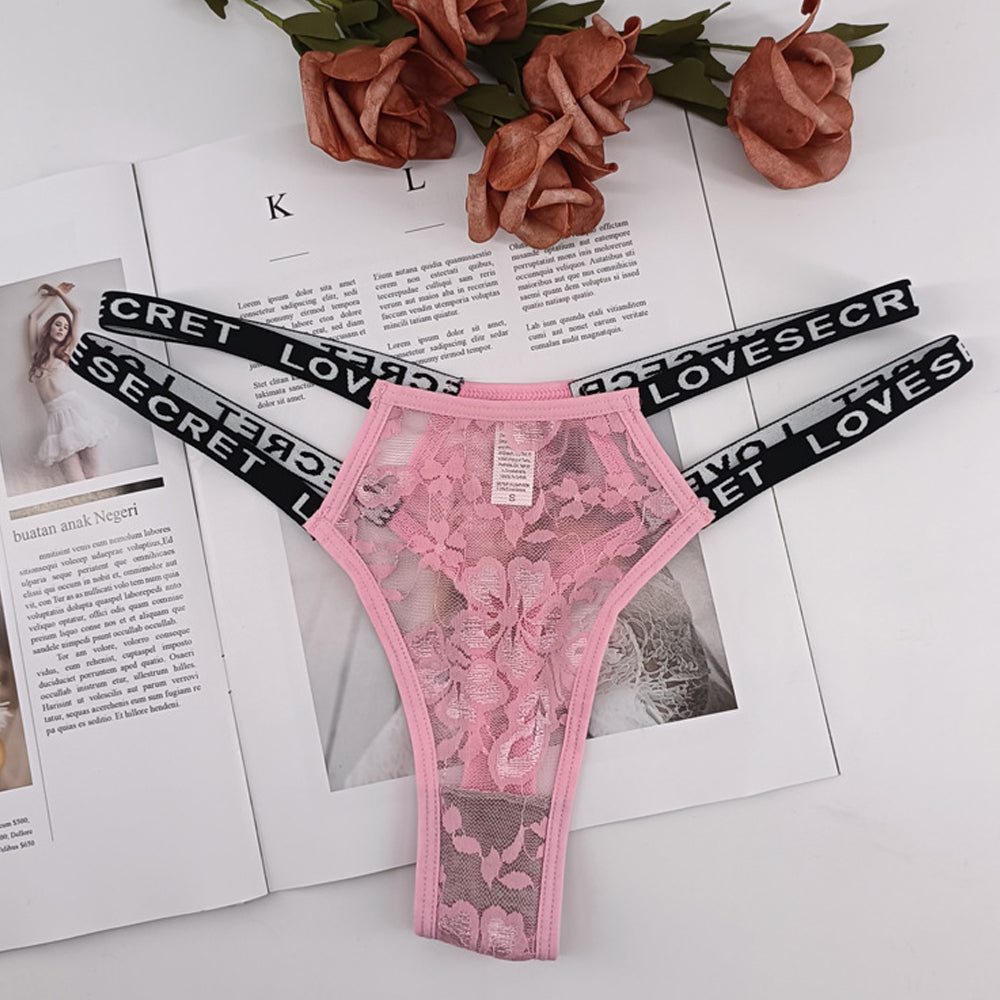 Double Straps Lace Panty Sheer Mesh "LOVE SECRET" Print Hipster Women Briefs