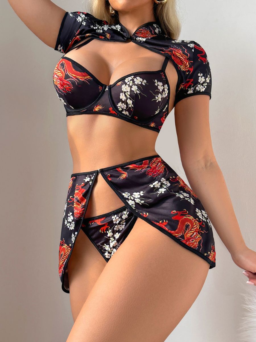 Dragon Print Cheongsam-Style Skirt Set
