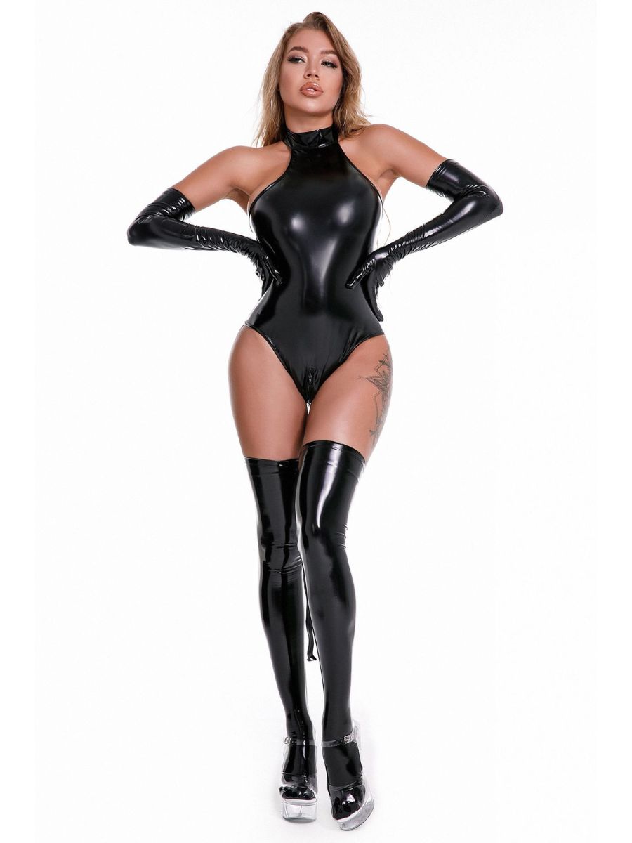 Patent Leather Bodysuit with Leash