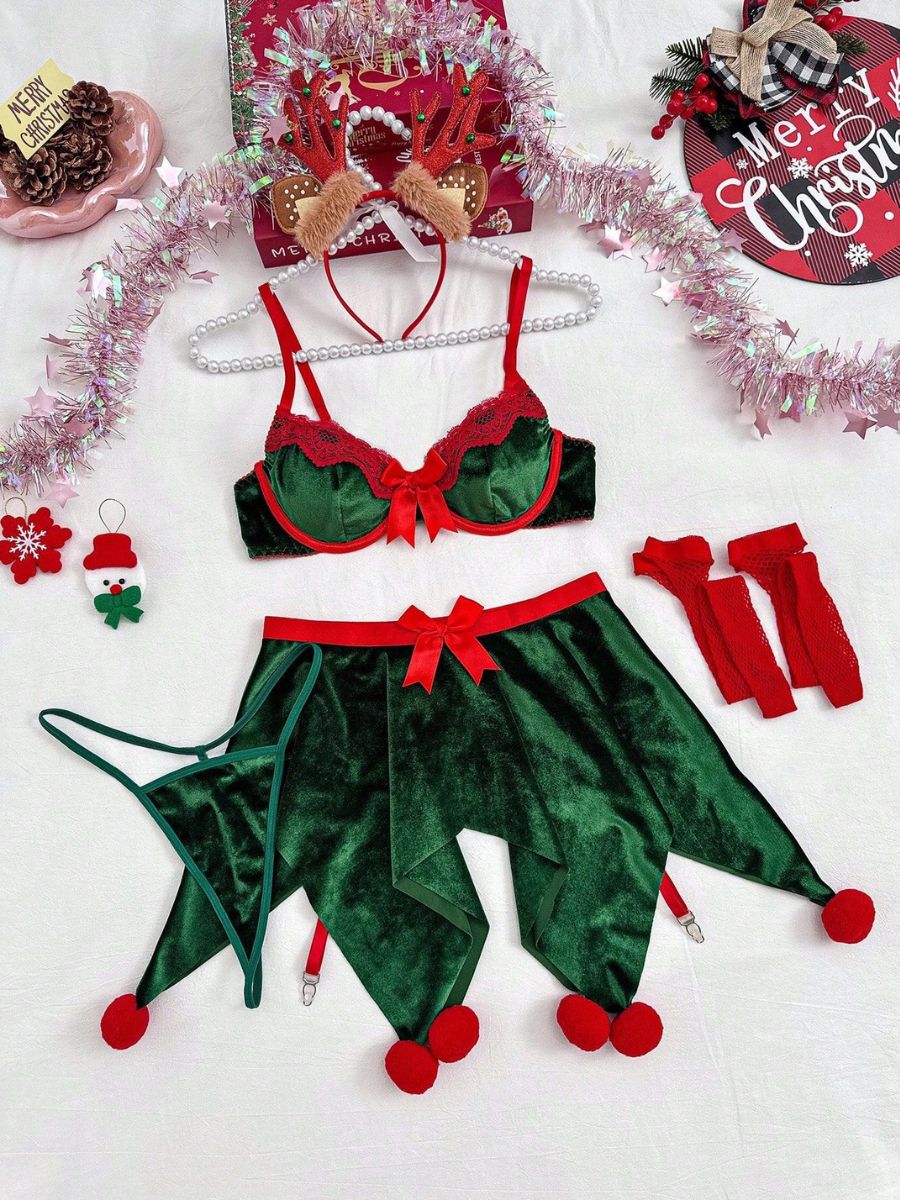 Flirty Christmas Elf Skirt Lingerie Set