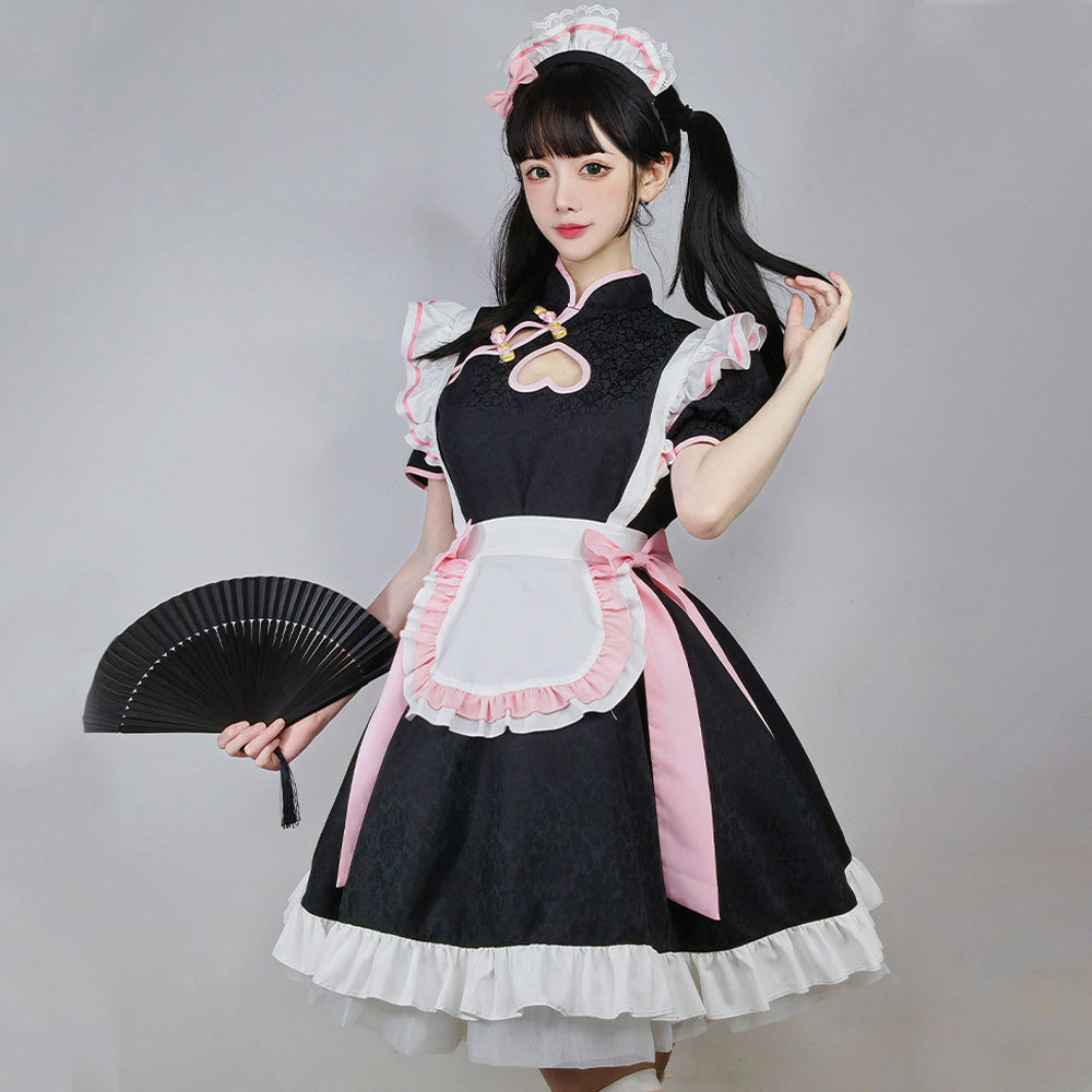 Anime French Maid Outfit Lolita Cosplay Dress Chinese Traditional Cheongsam Style Lolita Dress