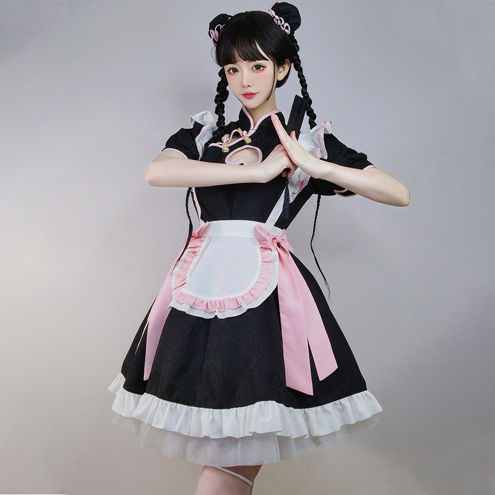 Anime French Maid Outfit Lolita Cosplay Dress Chinese Traditional Cheongsam Style Lolita Dress
