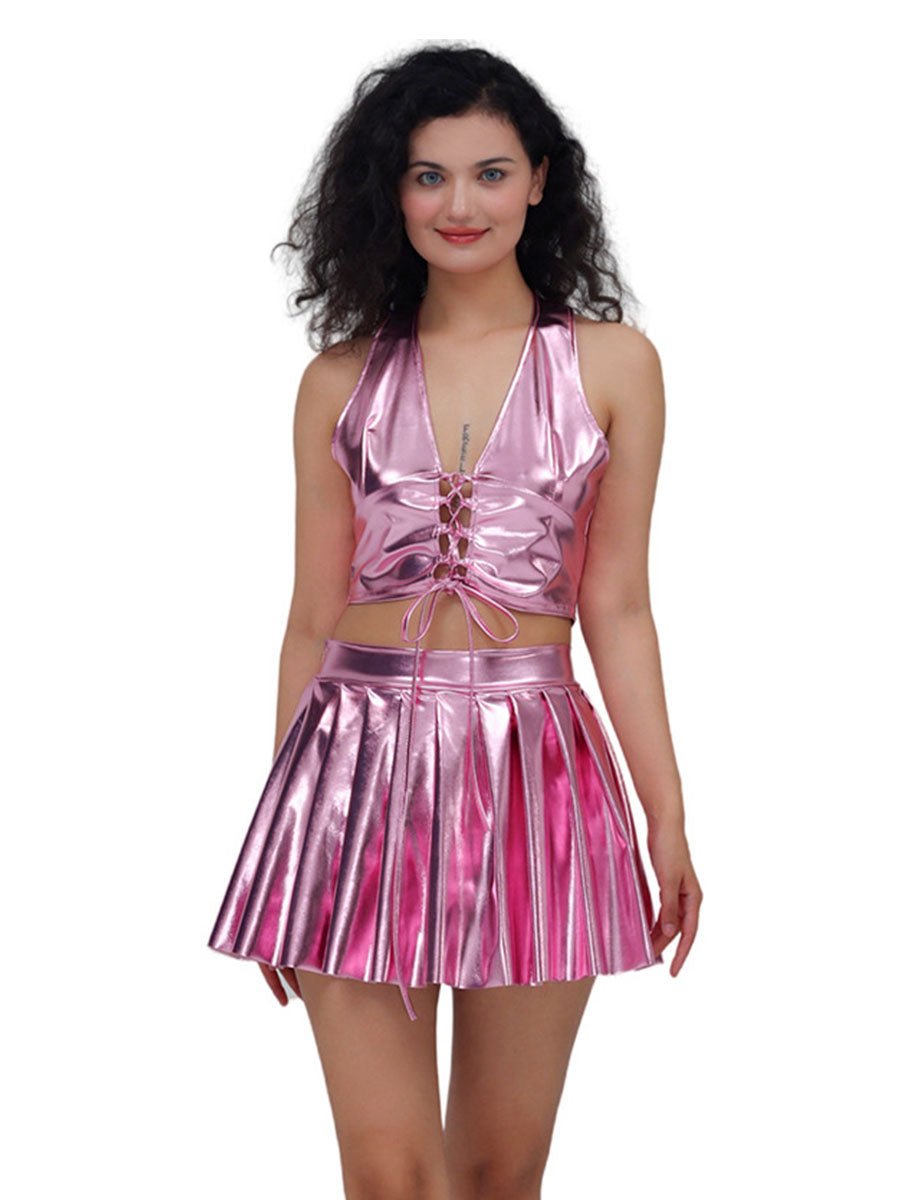 Metallic Lace - up Two Piece Rave Outfit - jonesjonas