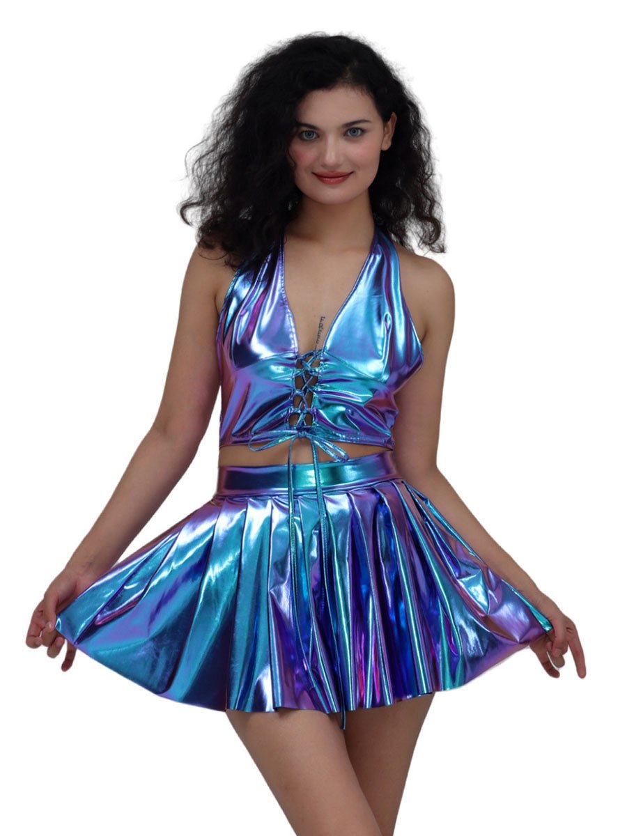 Metallic Lace - up Two Piece Rave Outfit - jonesjonas