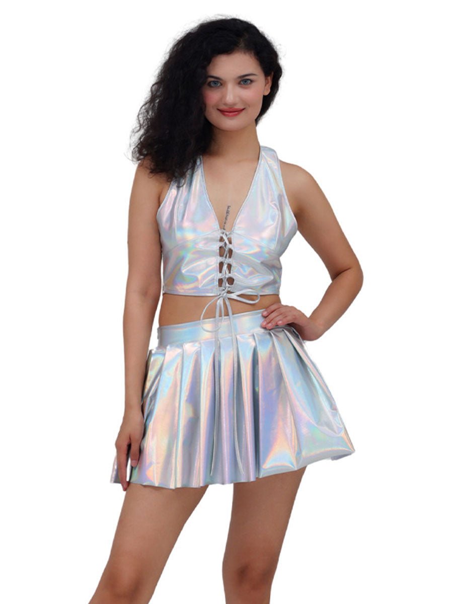 Metallic Lace - up Two Piece Rave Outfit - jonesjonas