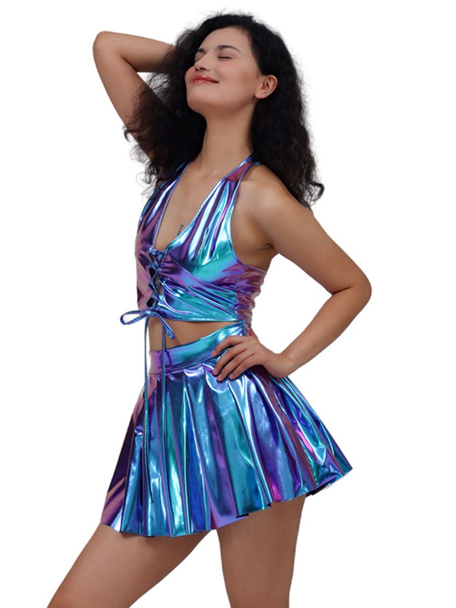 Metallic Lace - up Two Piece Rave Outfit - jonesjonas