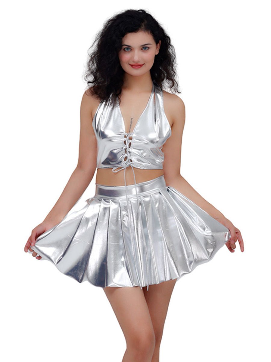 Metallic Lace - up Two Piece Rave Outfit - jonesjonas