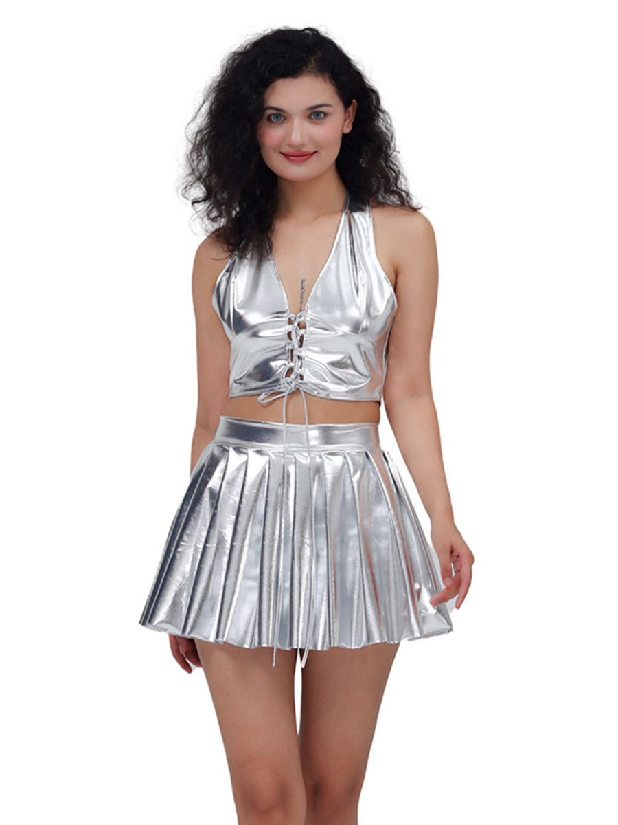 Metallic Lace - up Two Piece Rave Outfit - jonesjonas