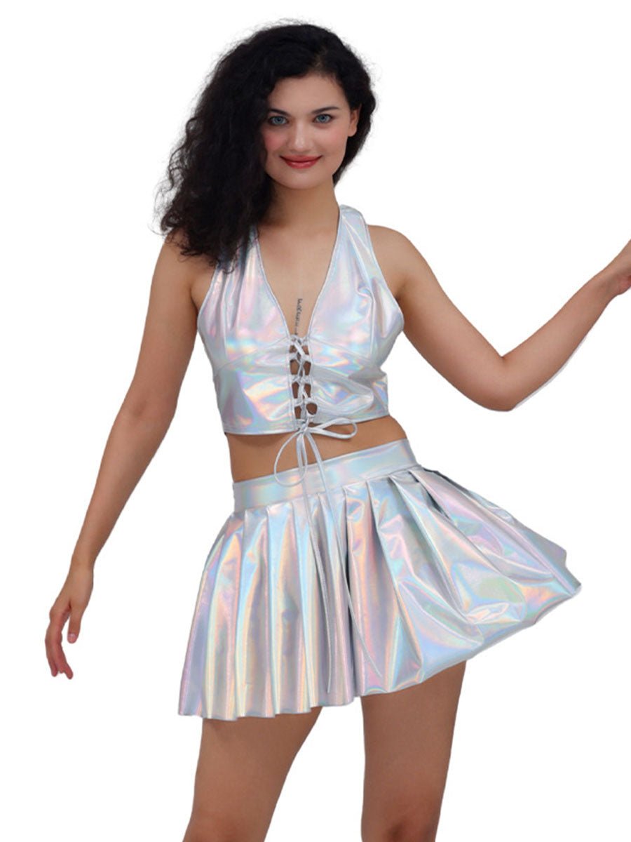 Metallic Lace - up Two Piece Rave Outfit - jonesjonas