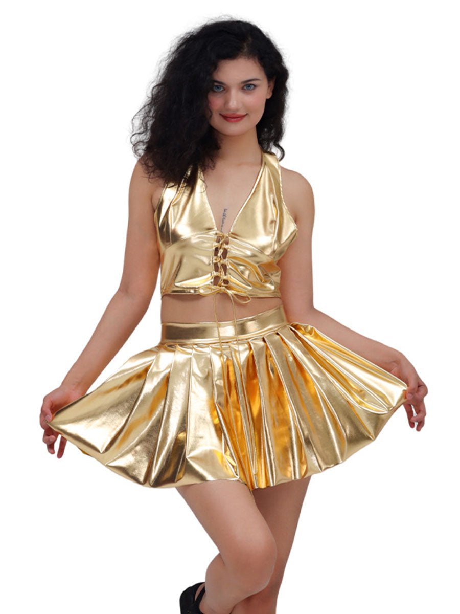 Metallic Lace - up Two Piece Rave Outfit - jonesjonas