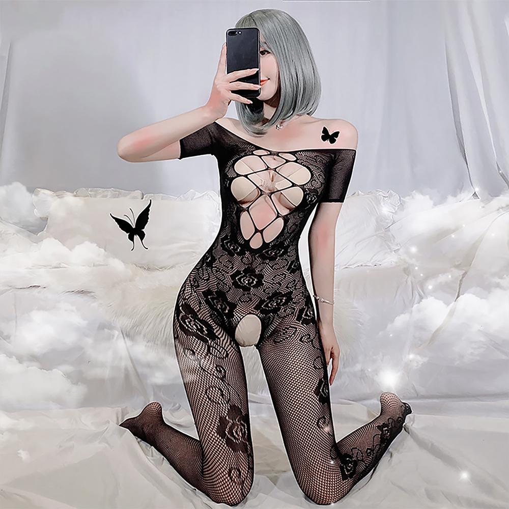 Floral Lace Bodystocking Sexy Black Hollow Crotchless Bodysuit