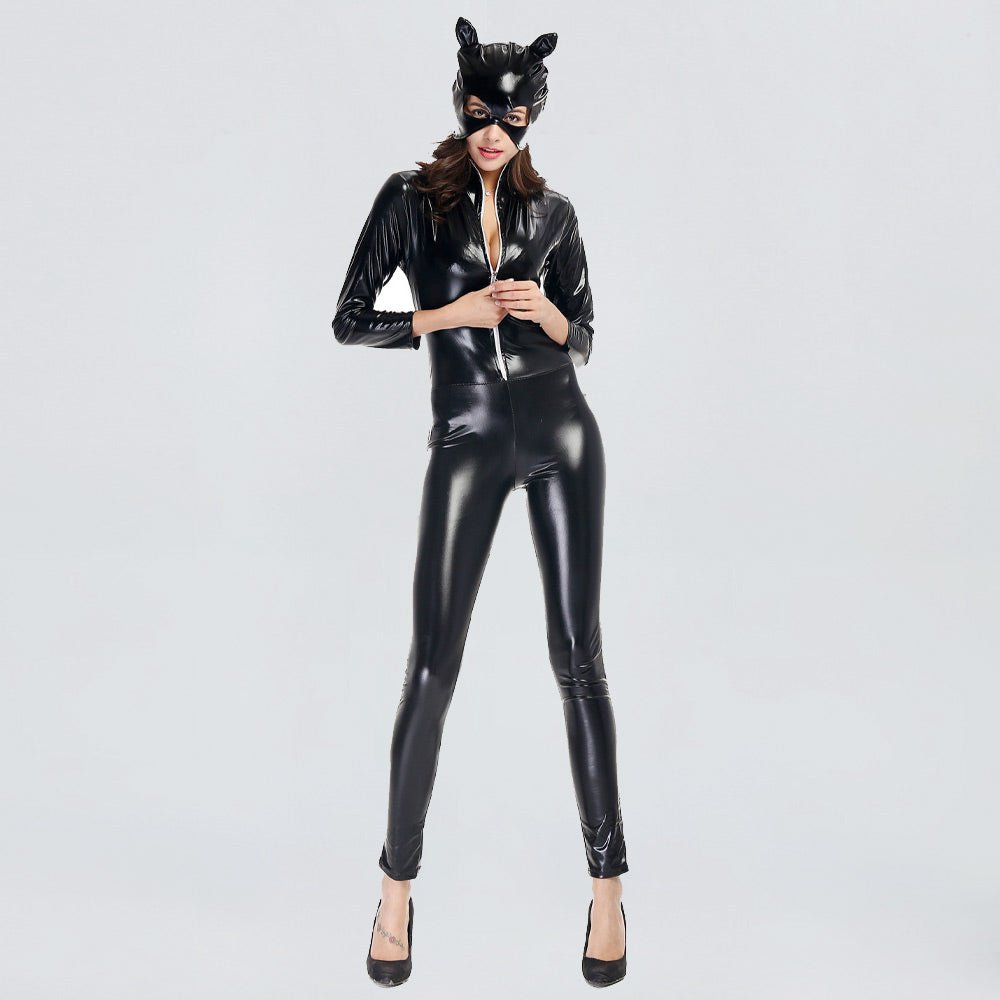 Latex Cat Women Jumpsuit Black Pu Leather Full Body Catsuit Zipper Up Night Club Outfit - jonesjonas