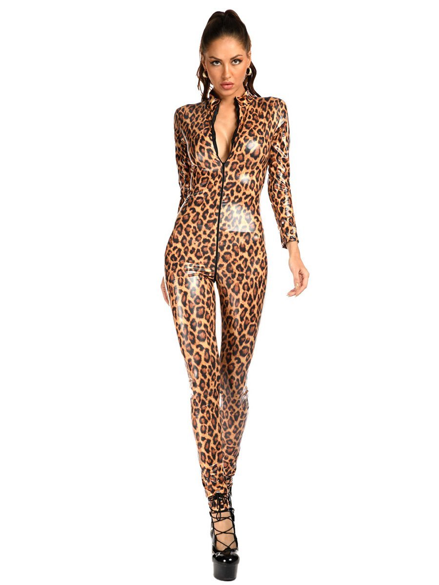 Latex Leopard Zipper Up Jumpsuit - jonesjonas