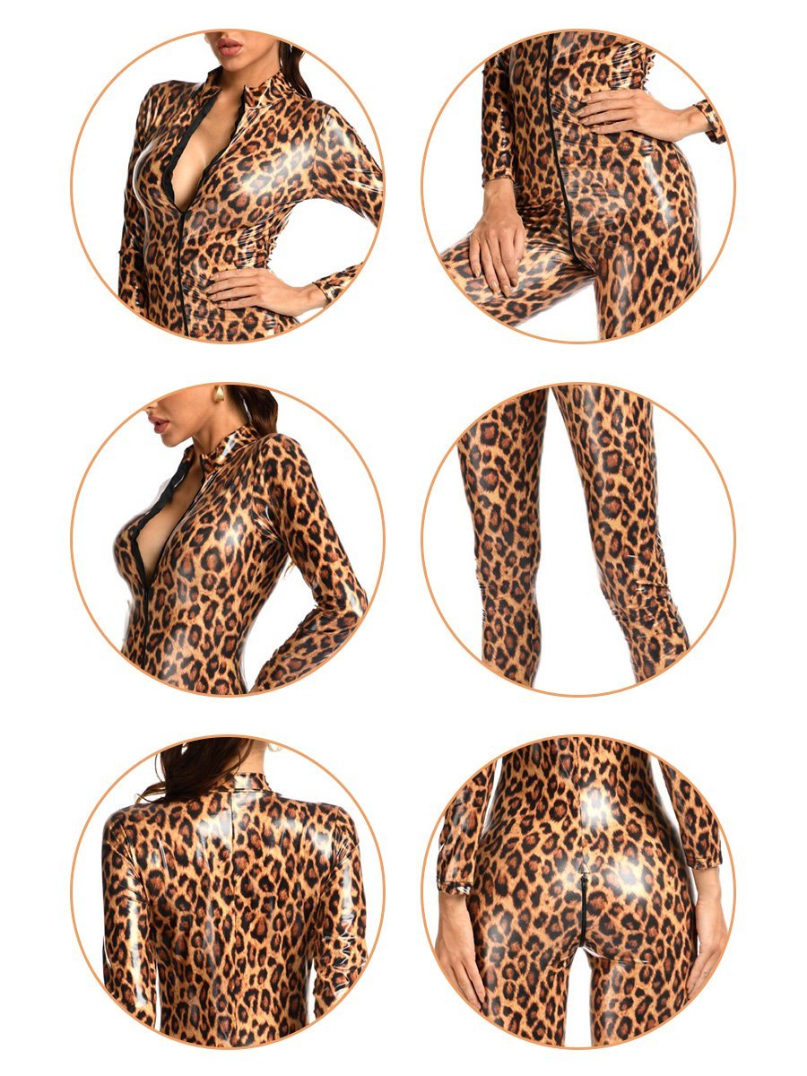 Latex Leopard Zipper Up Jumpsuit - jonesjonas