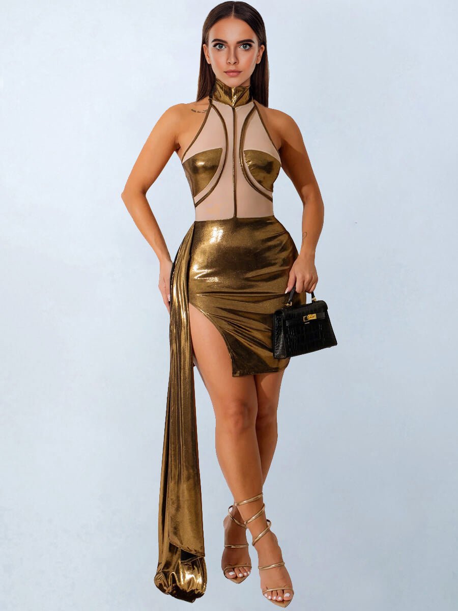 Halter Neck Metallic Mini Dress with Tail - jonesjonas