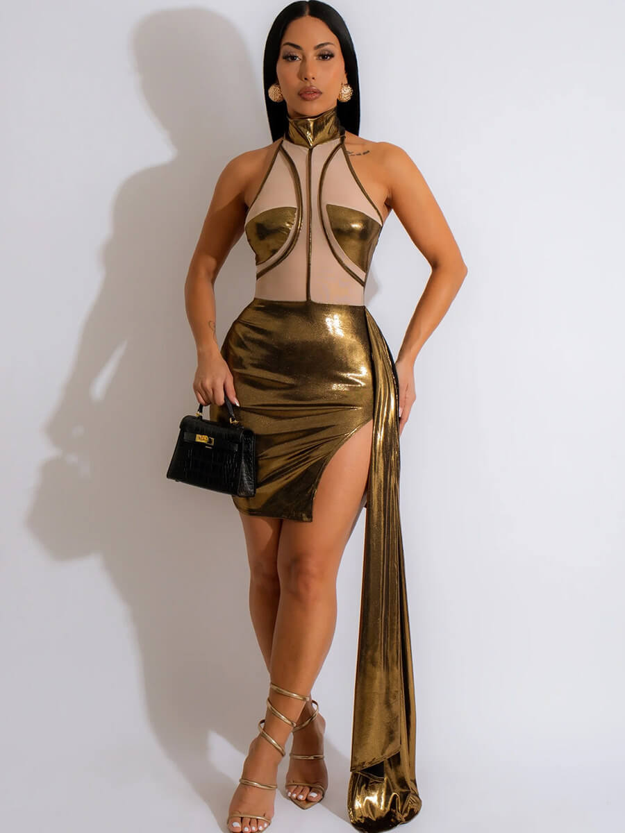 Halter Neck Metallic Mini Dress with Tail - jonesjonas