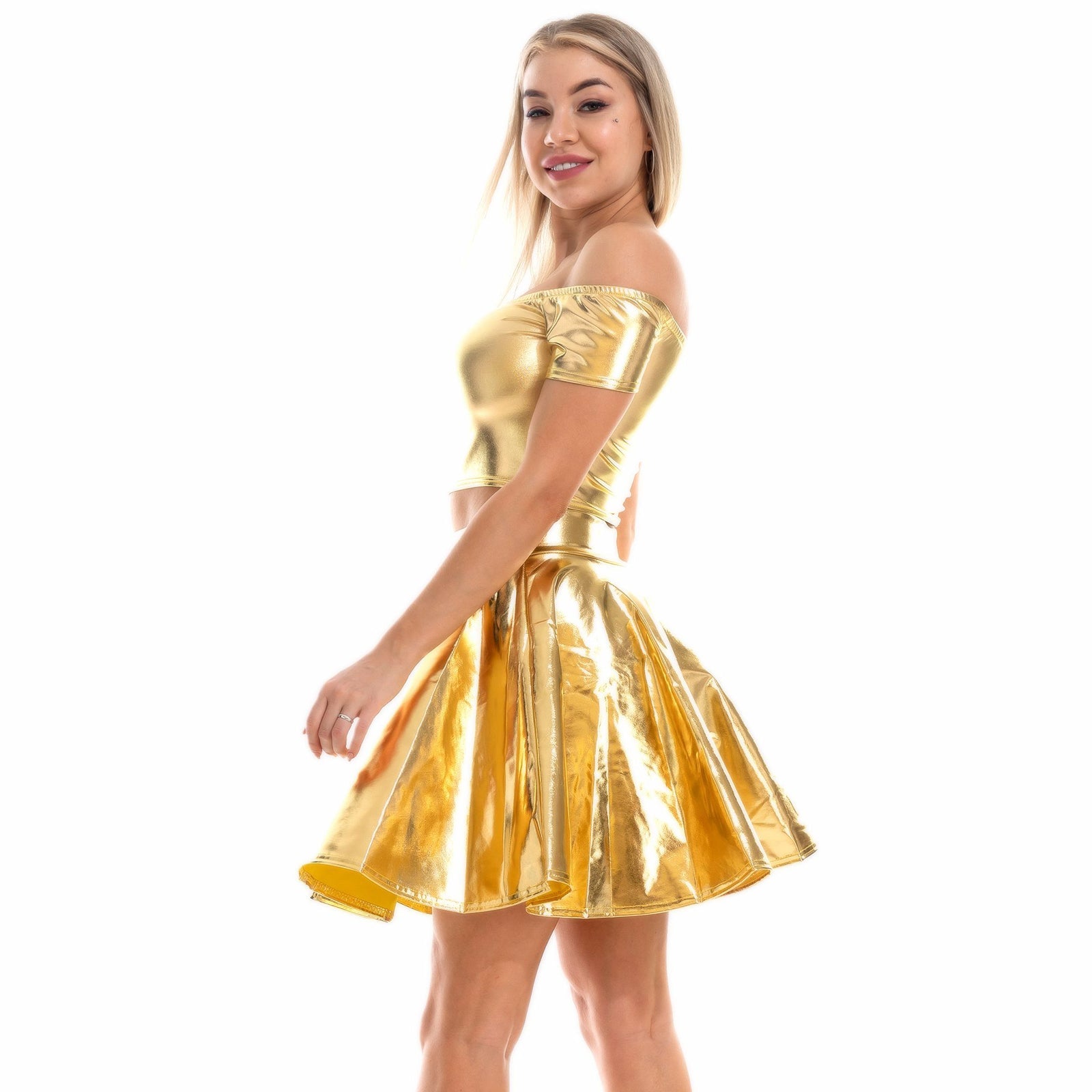 Sexy Metallic Skirt Set Girly Holographic Rave Outfits Two Piece Off Shoulder Crop Top and Mini Skirt - jonesjonas