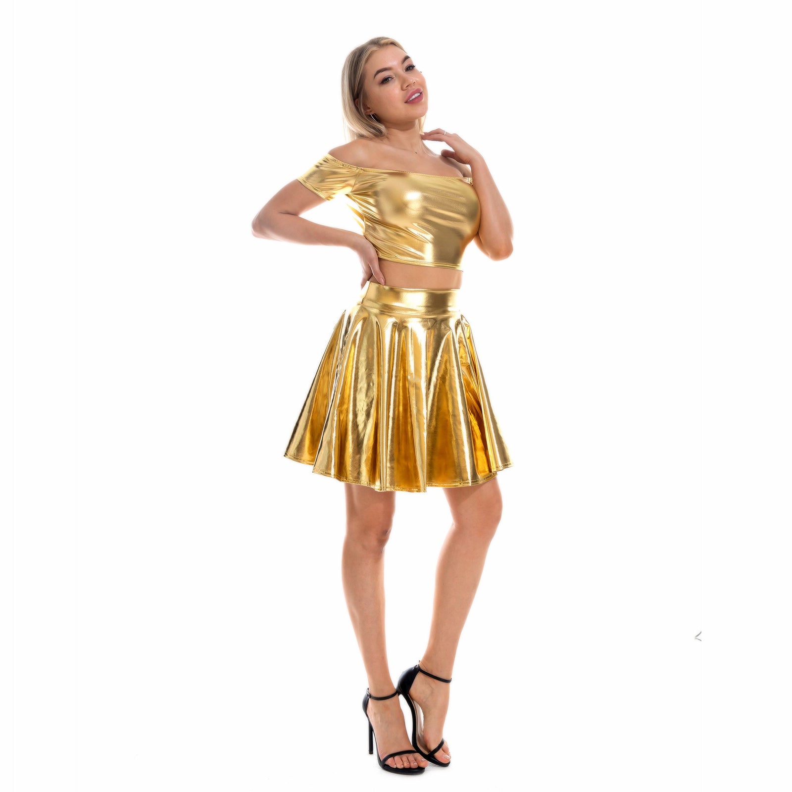 Sexy Metallic Skirt Set Girly Holographic Rave Outfits Two Piece Off Shoulder Crop Top and Mini Skirt - jonesjonas