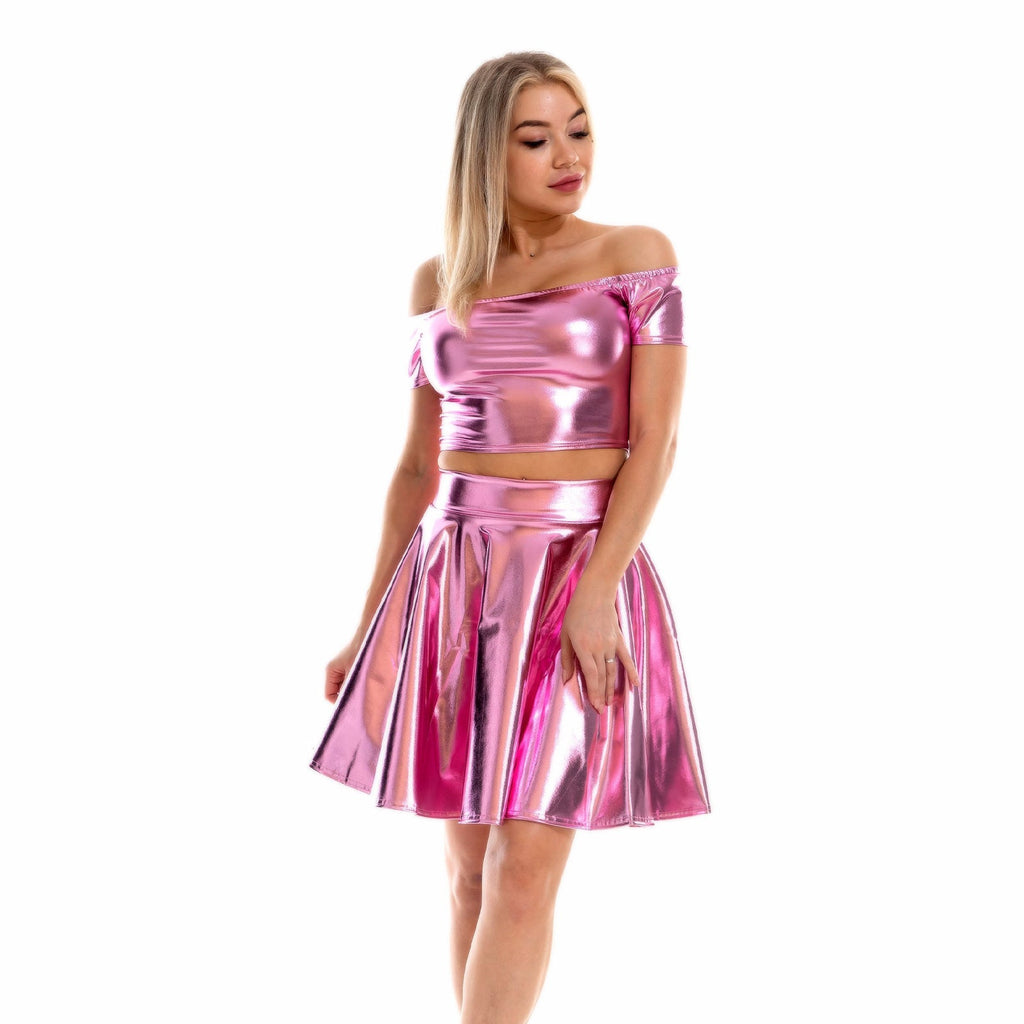 Sexy Metallic Skirt Set Girly Holographic Rave Outfits Two Piece Off Shoulder Crop Top and Mini Skirt