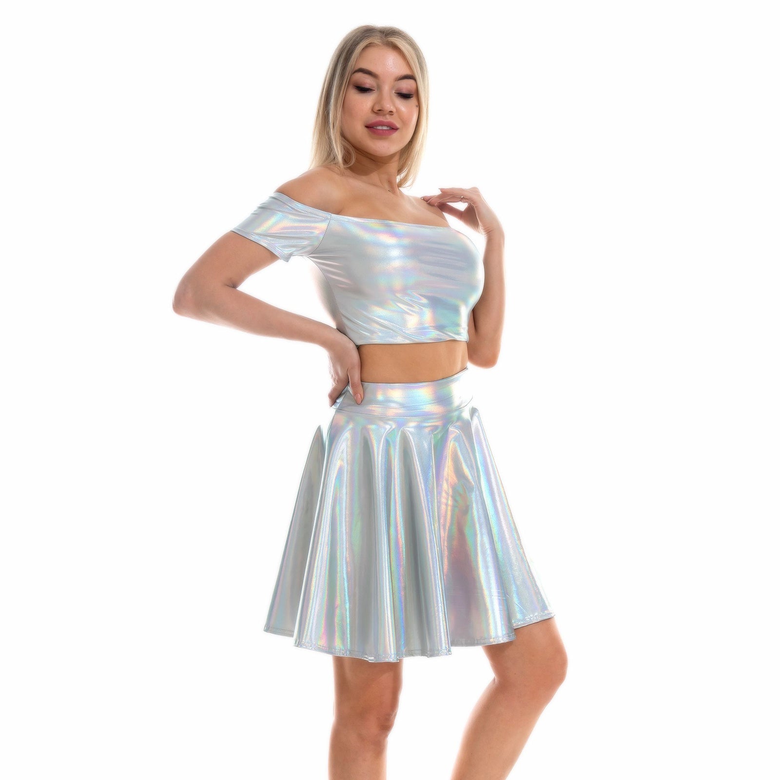 Sexy Metallic Skirt Set Girly Holographic Rave Outfits Two Piece Off Shoulder Crop Top and Mini Skirt - jonesjonas