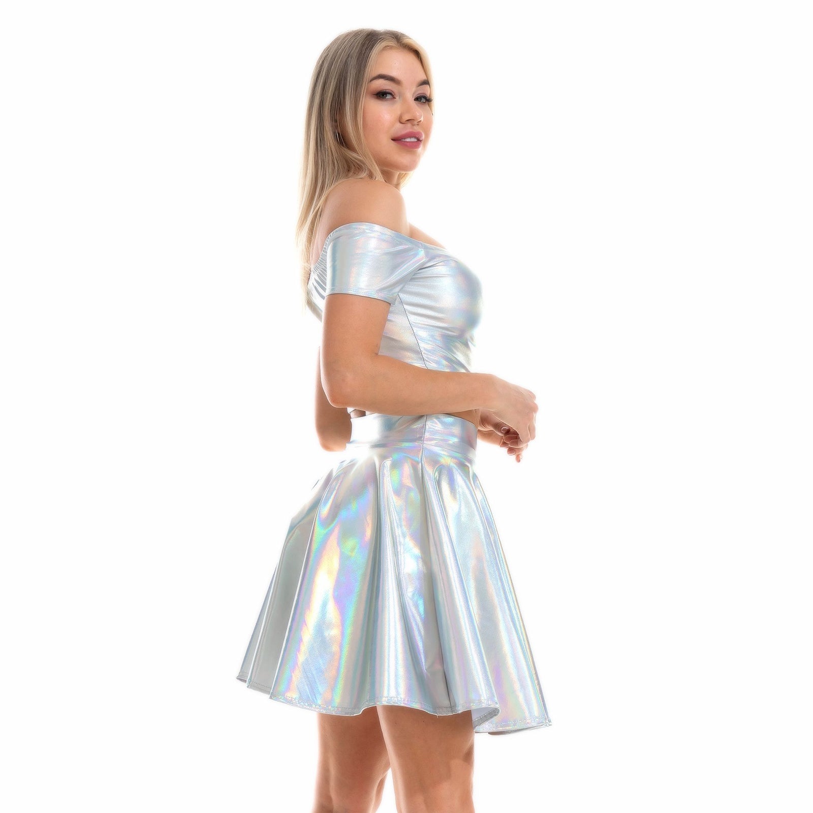Sexy Metallic Skirt Set Girly Holographic Rave Outfits Two Piece Off Shoulder Crop Top and Mini Skirt - jonesjonas