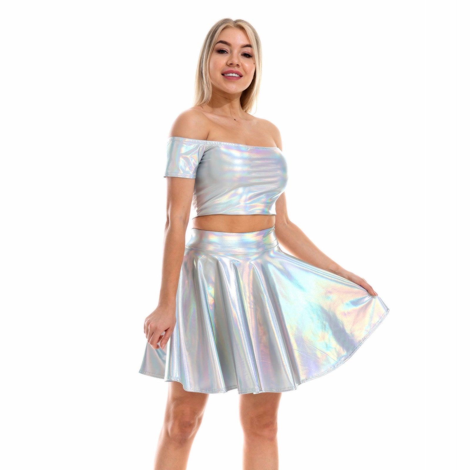 Sexy Metallic Skirt Set Girly Holographic Rave Outfits Two Piece Off Shoulder Crop Top and Mini Skirt