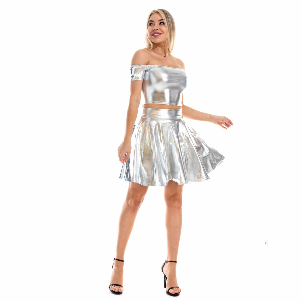 Sexy Metallic Skirt Set Girly Holographic Rave Outfits Two Piece Off Shoulder Crop Top and Mini Skirt - jonesjonas