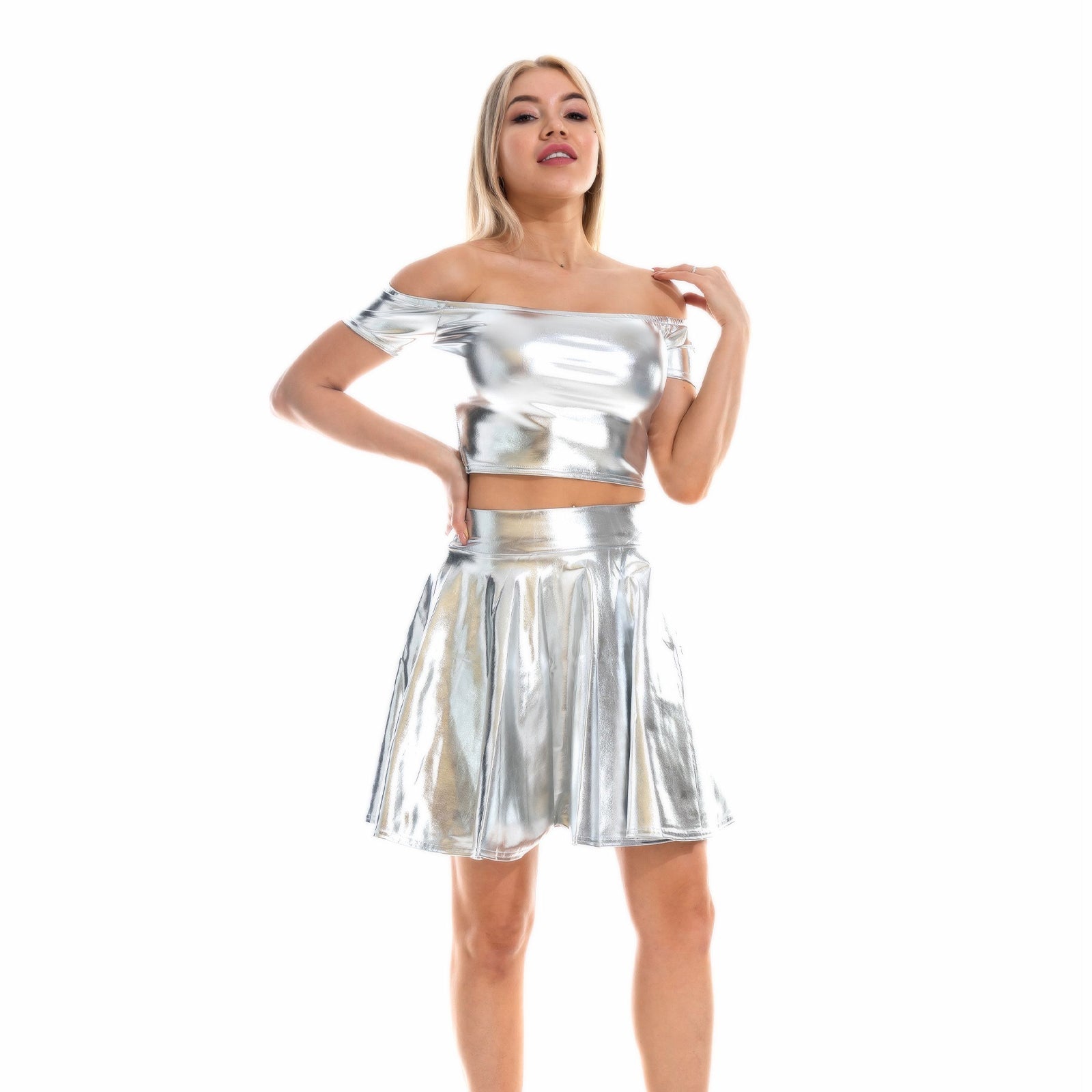 Sexy Metallic Skirt Set Girly Holographic Rave Outfits Two Piece Off Shoulder Crop Top and Mini Skirt - jonesjonas