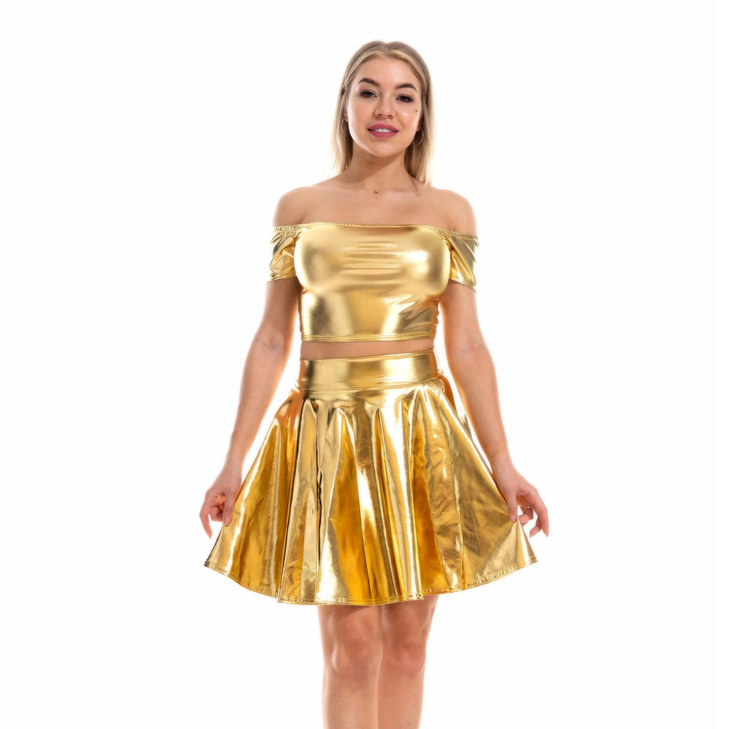 Sexy Metallic Skirt Set Girly Holographic Rave Outfits Two Piece Off Shoulder Crop Top and Mini Skirt - jonesjonas