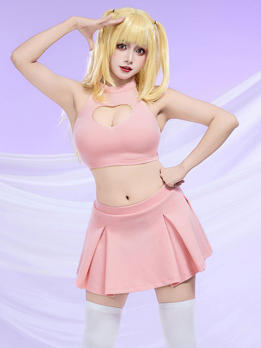 Pink Heart Cutout Crop Top and Mini Skirt