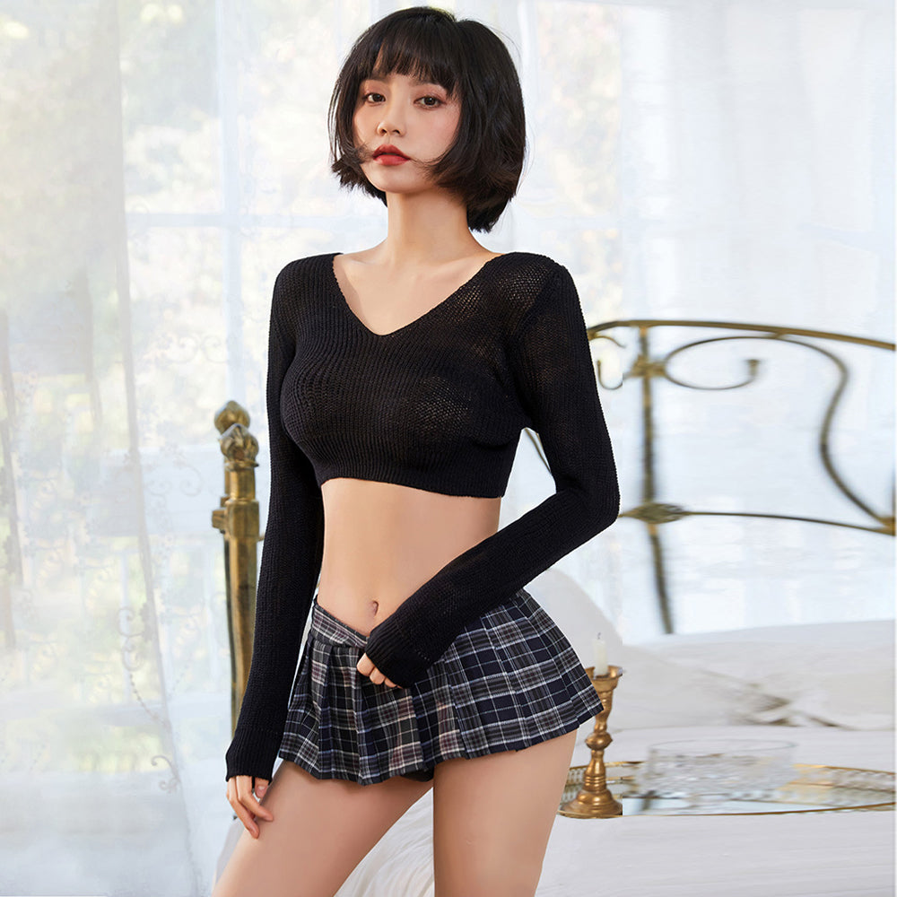 Ribbed Knit Top W/ Plaid Mini Skirt