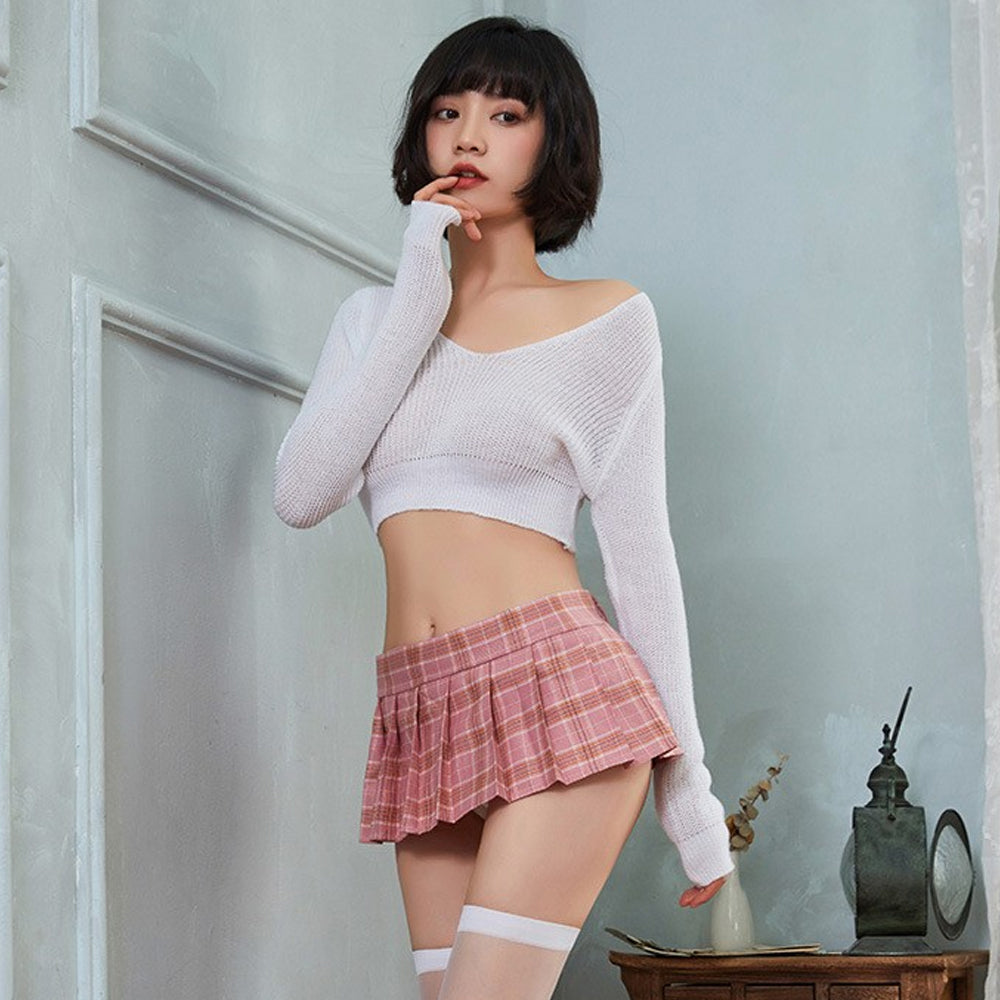 Ribbed Knit Top W/ Plaid Mini Skirt