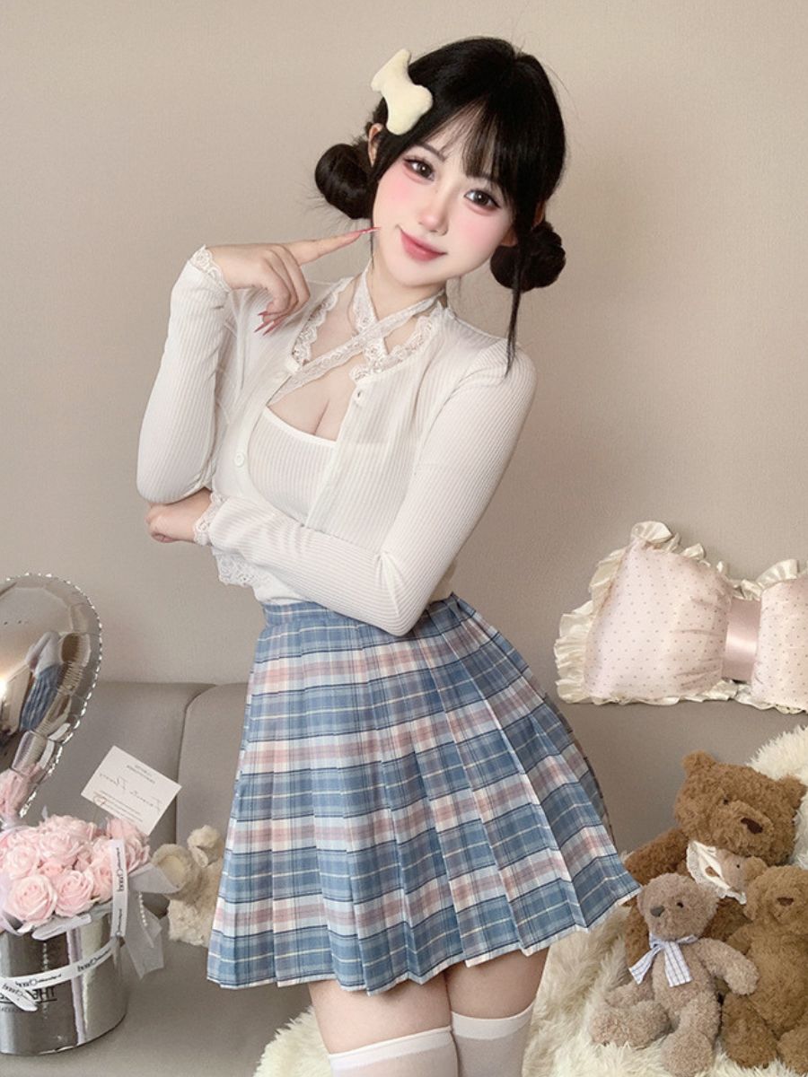Three-Piece Knit Top and Plaid Pleated Skirt