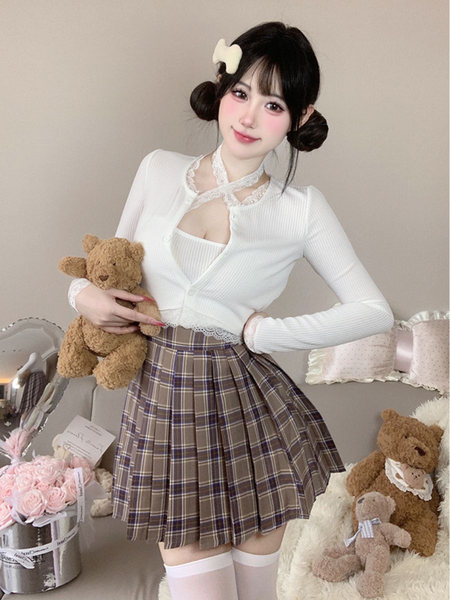 Three-Piece Knit Top and Plaid Pleated Skirt