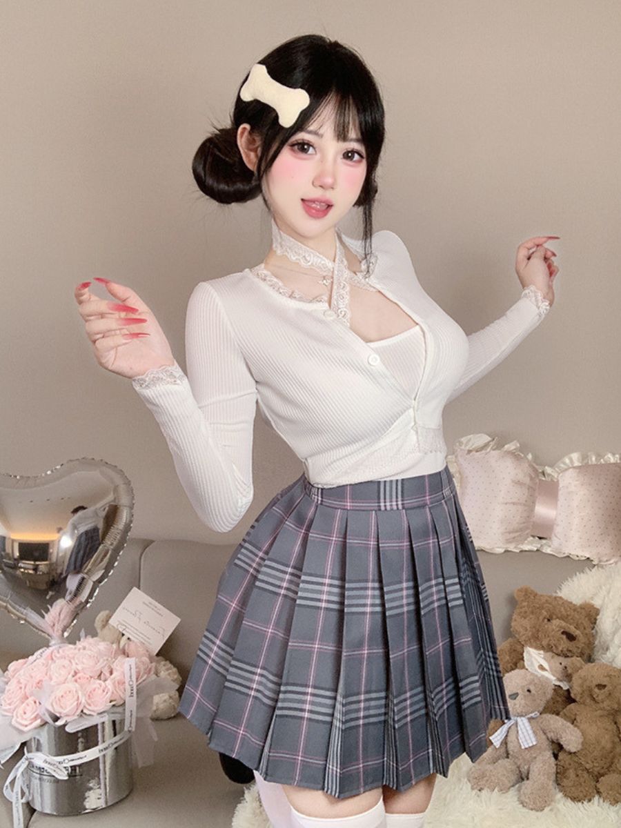 Three-Piece Knit Top and Plaid Pleated Skirt