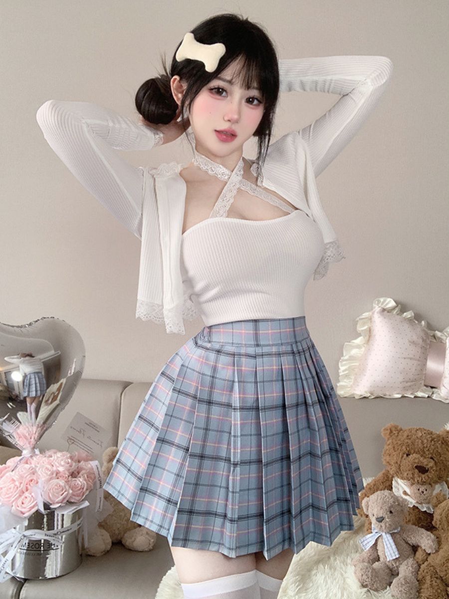 Three-Piece Knit Top and Plaid Pleated Skirt