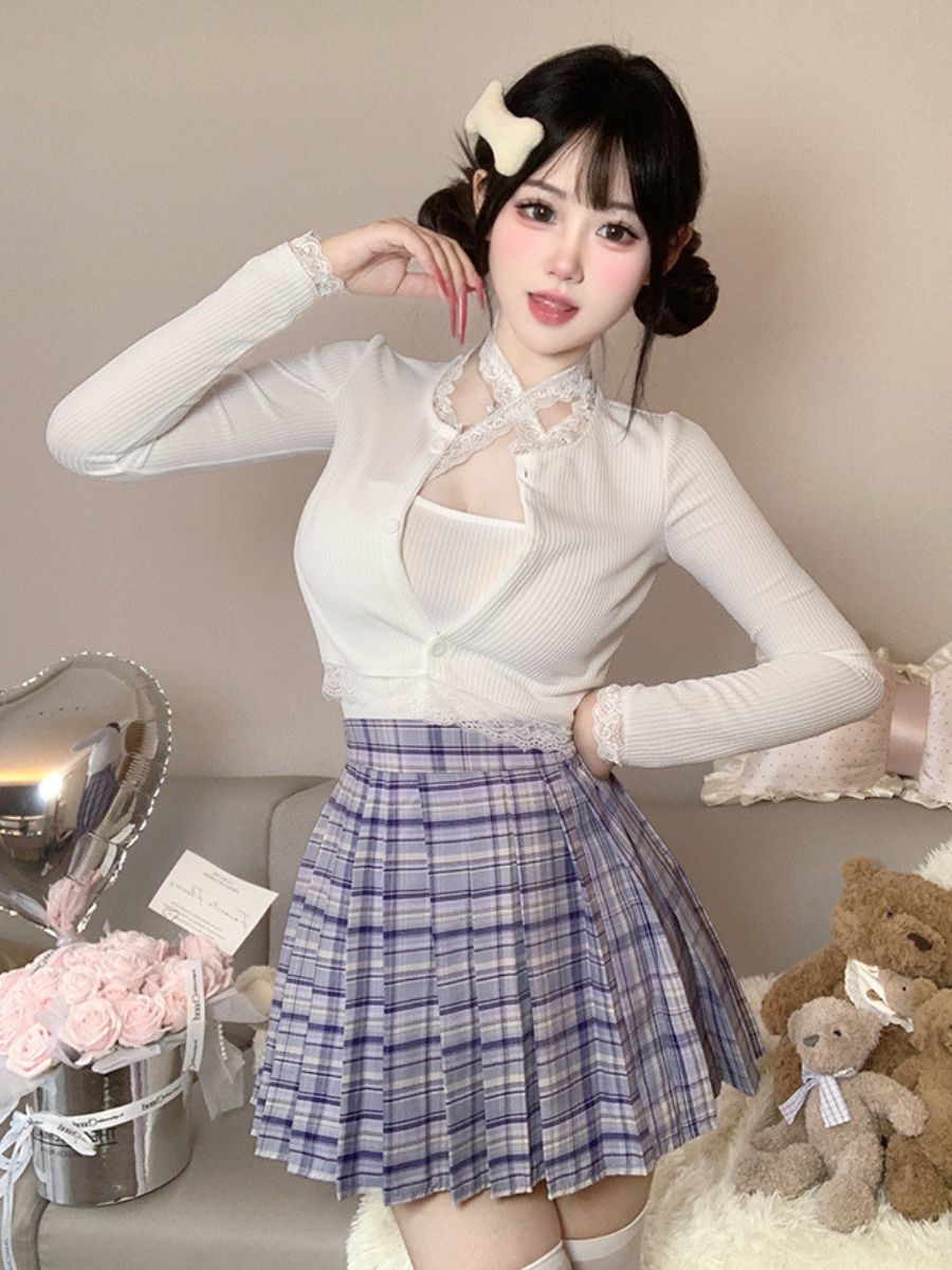 Three-Piece Knit Top and Plaid Pleated Skirt