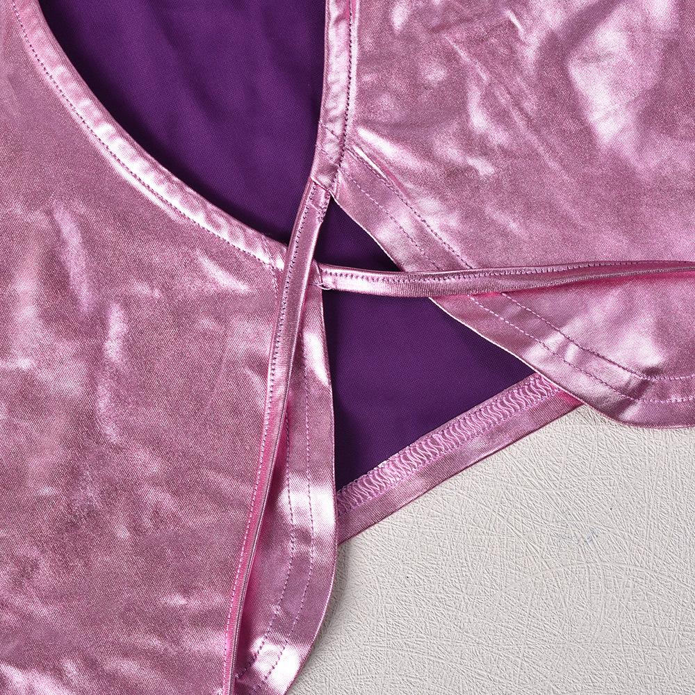 Pink Metallic Skirt Set Shiny Two Piece Rave Outfit Sleeveless Crop Top and Mini Skirt - jonesjonas